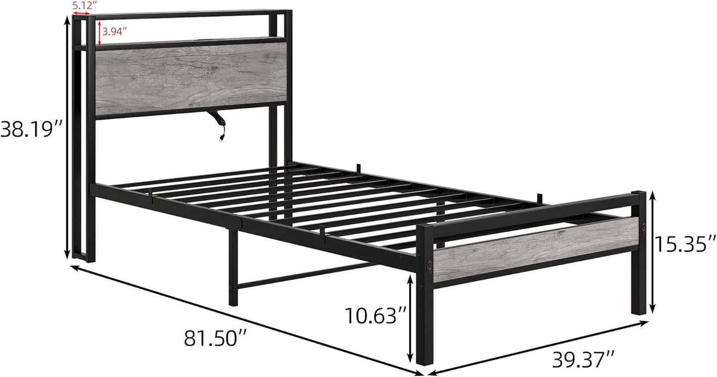HOJINLINERO Twin Bed Frame with Storage Headboard/USB Charging Station,Single Bed Frame Twin Size No Box Spring Needed,Heavy Duty Platform Metal Slats,Easy Assembly,Bedroom Furniture,Black + Warm Grey