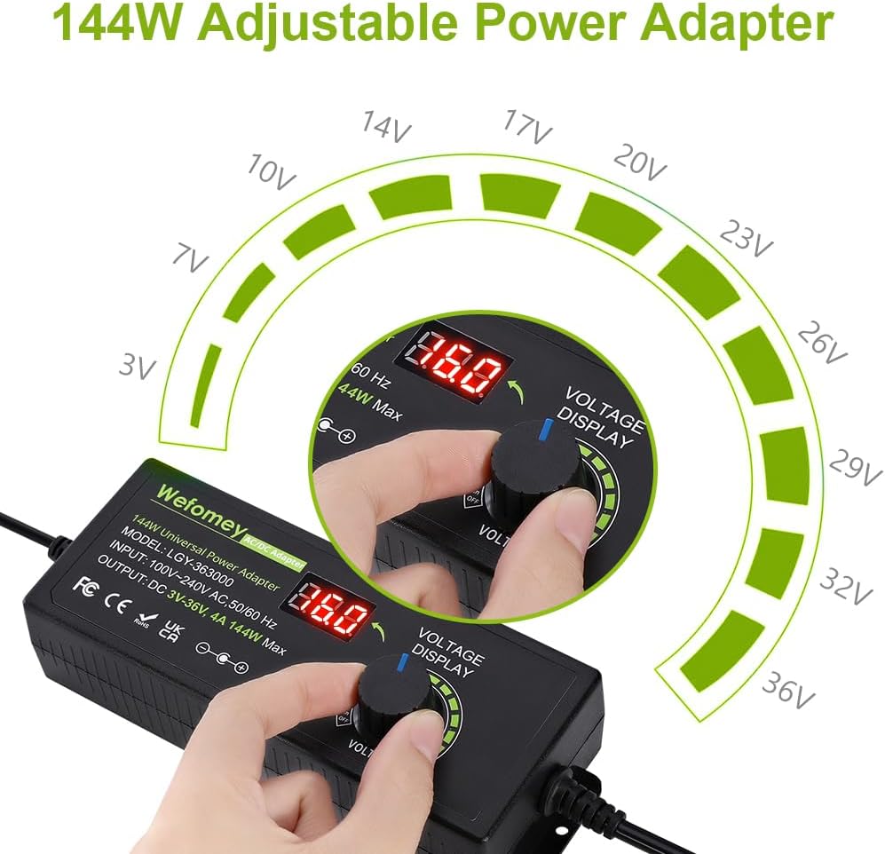 Adjustable Power Adapter 3V-36V 4A 144W, Universal AC/DC 100V-240V AC to DC Adapter with 14 Tips and Polarity Converter for Home Electronics and USB Devices, 4000mA Max
