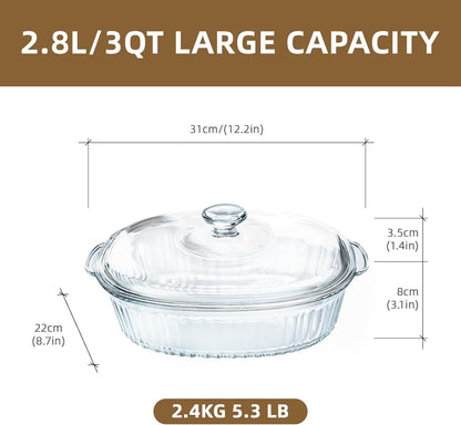 Luvan 2.8L/3Qt Glass Casserole Dish with Lid and Handle, Clear Lead-Free Glass Baking Dish Casserole Cookware, Oven and Microwave Safe, Suitable for Marinating,Baking,Cooking