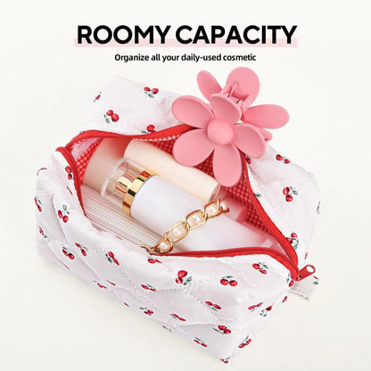 Floral Makeup Bag,Floral Quilted Makeup Bag,Large Cosmetic Bag,Fashionable Travel Makeup Pouch, Cute Cherry Makeup Bag,Puffy Coquette Makeup Bag, Attractive Quilted Makeup Bag