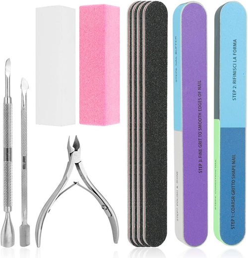 WOVTE Nail File Set, 11 Pcs Nail Files & Buffer Block, Fine Grit, White, EVA Material, Comes with Cuticle Nipper & Pusher