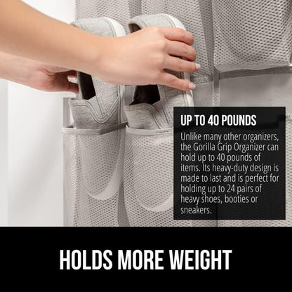 GORILLA GRIP Breathable Mesh Large 24 Pocket Shoe Organizer, Holds Up to 40 Pounds, Sturdy Hooks, Space Saving, Over Door, Storage Rack Hangs on Closets for Shoes, Sneakers or Home Accessories, Linen