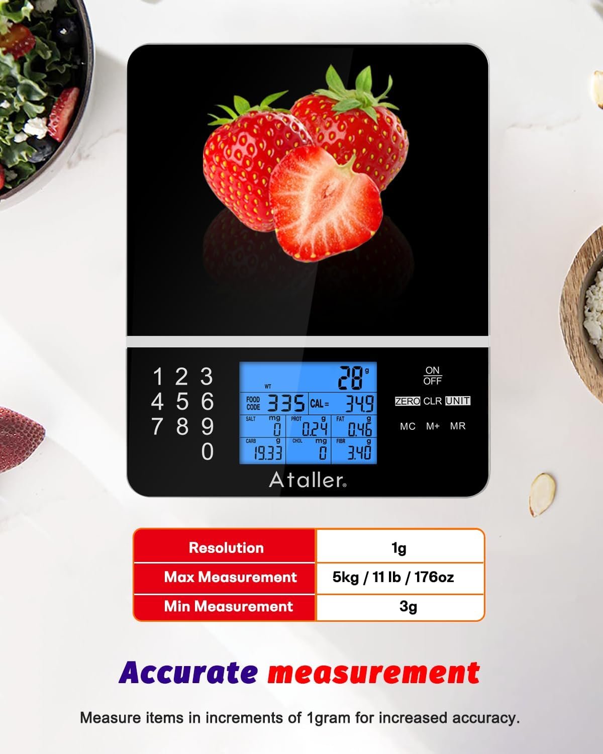 Ataller Food Scale with Nutritional Calculator, Kitchen Diet Scale, Digital Food Calorie Counting Scale for Meal Prep, Kitchen, Baking, Weight Loss, Resolution 1g, Max 5kg 11Ib, Tempered Glass, Black