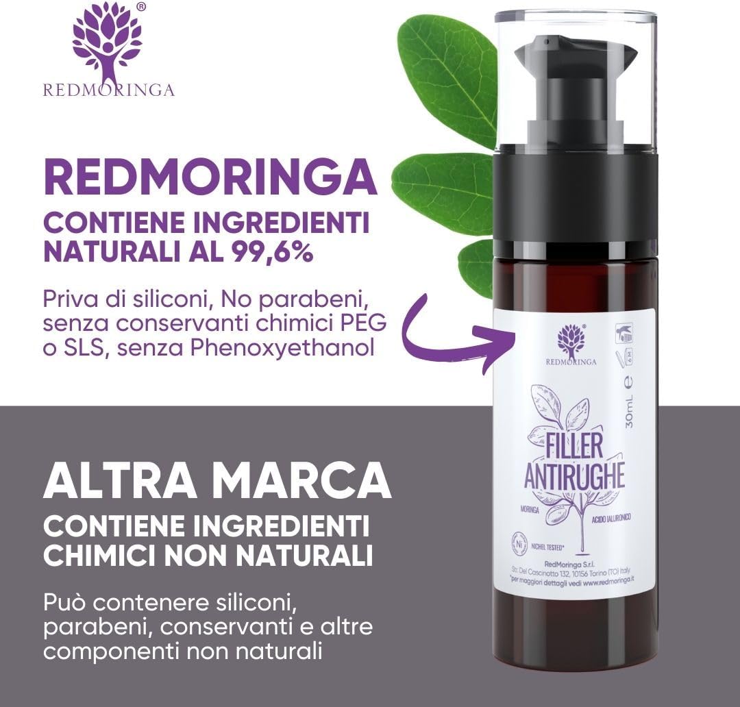 RedMoringa - Hyaluronic Acid Face Filler with 3 Molecular Weights, Anti-Wrinkle 99% Natural - Wrinkles Filler Face Serum with Moringa Extract - Clinically Tested - 30 ml