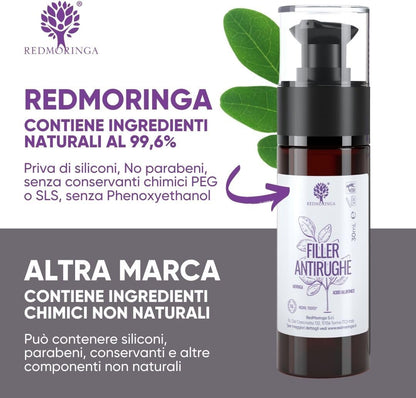 RedMoringa - Hyaluronic Acid Face Filler with 3 Molecular Weights, Anti-Wrinkle 99% Natural - Wrinkles Filler Face Serum with Moringa Extract - Clinically Tested - 30 ml