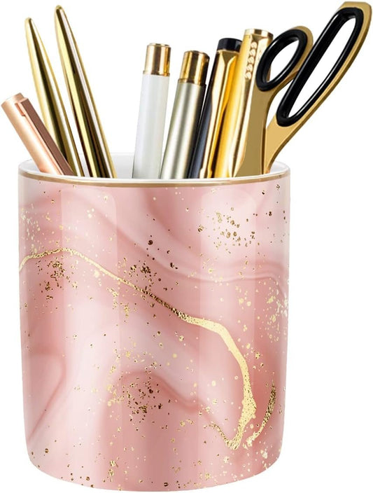 WAVEYU Large Capacity Colored Pen Holder for Desk, Ceramic Pencil Holder Pen Cup Marker Holder Makeup Brush Holders, Desk Accessories & Workspace Organizers for Home, School & Office, Red Marble