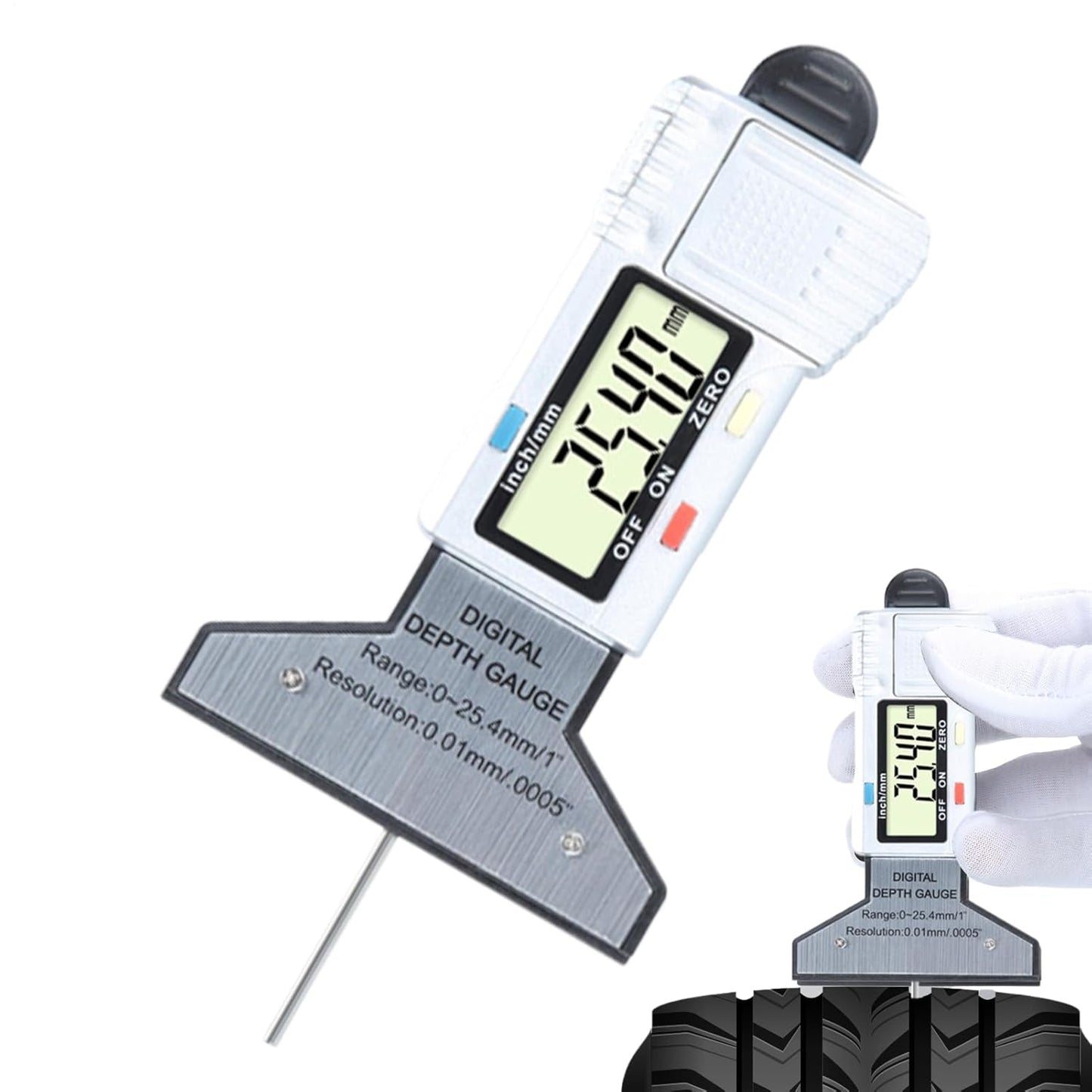 Tire Tread Depth Gauge, Digital Wear Measuring Tool, 0mm Precision with 0-25.4mm Range, Handheld Depth Checker, Ideal for, Motorcycles, Safety Inspections, Garage Use