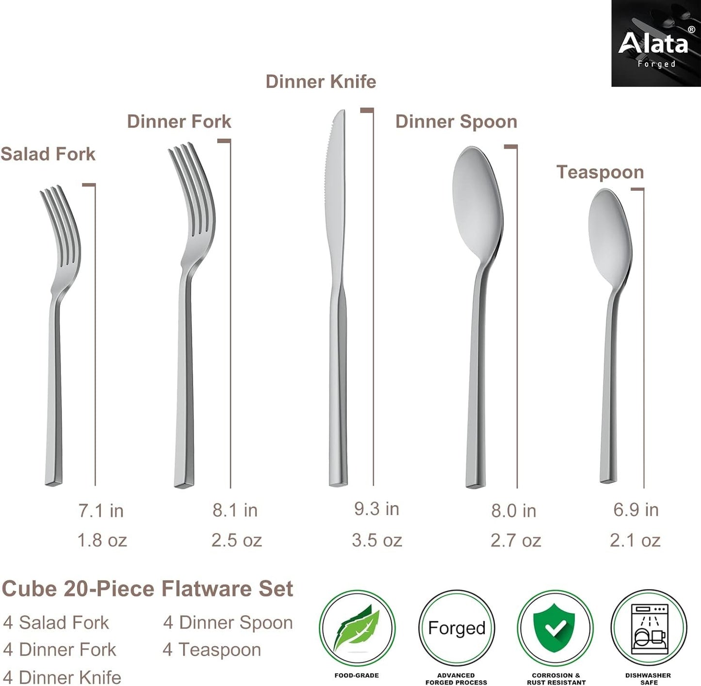 Alata Cube 20-Piece Forged Silverware Set Stainless Steel Flatware Set,Service for 4,Include Fork Spoon Knife,Mirror Polished Cutlery Set,Utensil Sets for Home Restaurant Hotel Wedding,Dishwasher Safe