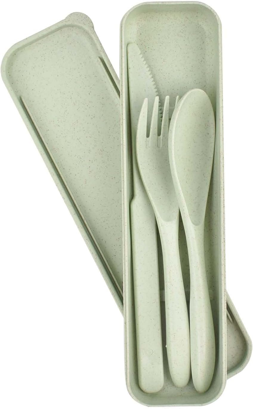 Reusable Utensils Set with Case, Plastic Travel Cutlery Set, Portable Camping Fork Knife Spoon Utensil Sets for Kids Boys and Girls (Green)