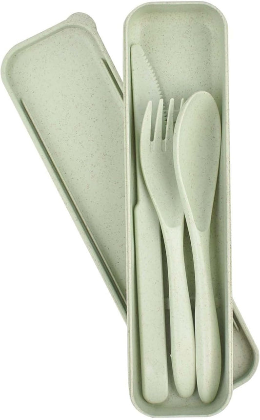 Reusable Utensils Set with Case, Plastic Travel Cutlery Set, Portable Camping Fork Knife Spoon Utensil Sets for Kids Boys and Girls (Green)