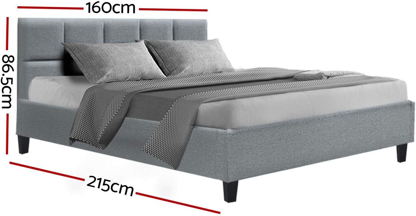 Artiss Queen Bed Frame Platform Checkered Headboard Wooden Beds Base Frames Bedroom Room Decor Home Furniture, Upholstered with Grey Faux Linen Fabric + Foam + Wood, Modern Design