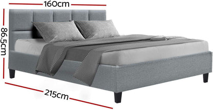 Artiss Queen Bed Frame Platform Checkered Headboard Wooden Beds Base Frames Bedroom Room Decor Home Furniture, Upholstered with Grey Faux Linen Fabric + Foam + Wood, Modern Design