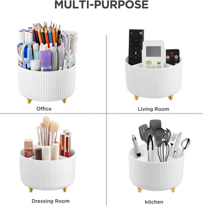 HBlife Pencil Pen Holder for Desk, 5 Slots 360° Degree Rotating Desk Organizers and Accessories, Desktop Storage Stationery Supplies Cute Pencil Cup Pot for Office, School, Home, Art Supply, White