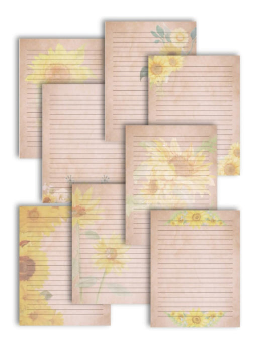 8.5 x 11" Vintage Sunflower Writing Paper – Stationery Letterhead Stylish Paper, Personalised Invitations, Watercolor Floral Unique Notes: Greeting Message for Wedding Event, Office Running Daily Supplies, 8 Designs, 40 Sheets