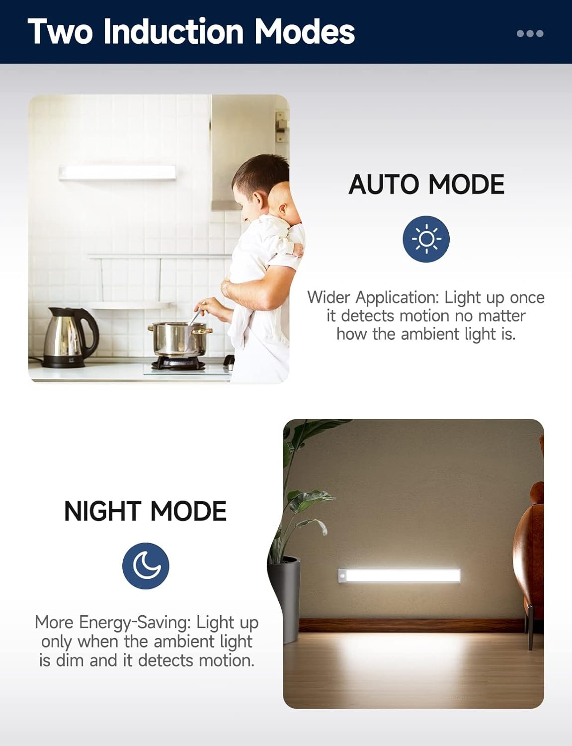 Under Cabinet Lights, Rechargeable battery operated lighting with 40 LED, Wireless Motion Sensor Light indoor (8000K), 4 Modes Night Light, Stick-On Magnetic Closet Lights for Kitchen, Hallway(2 Pack)
