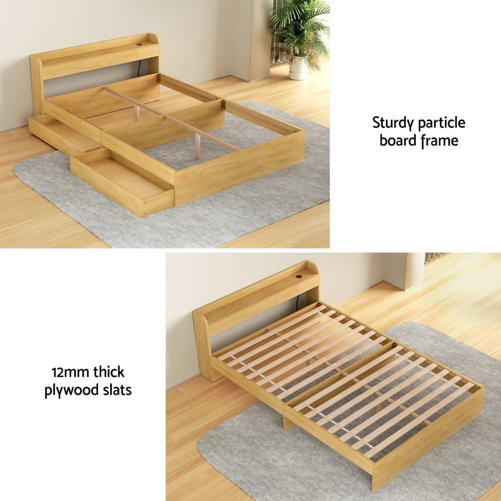 Artiss Double Bed Frame with 2 Storage Drawers, Platform Bed with Headboard, Bed Base with USB Ports, Sturdy Wooden Slat Support, 300KG Capacity Guest Bed for Bedroom Furniture, Easy Assembly