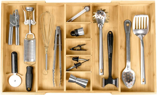 KitchenEdge Adjustable Bamboo Kitchen Drawer Organizer for Utensils and Junk, Expandable to 28 inches Wide, 9 Compartments