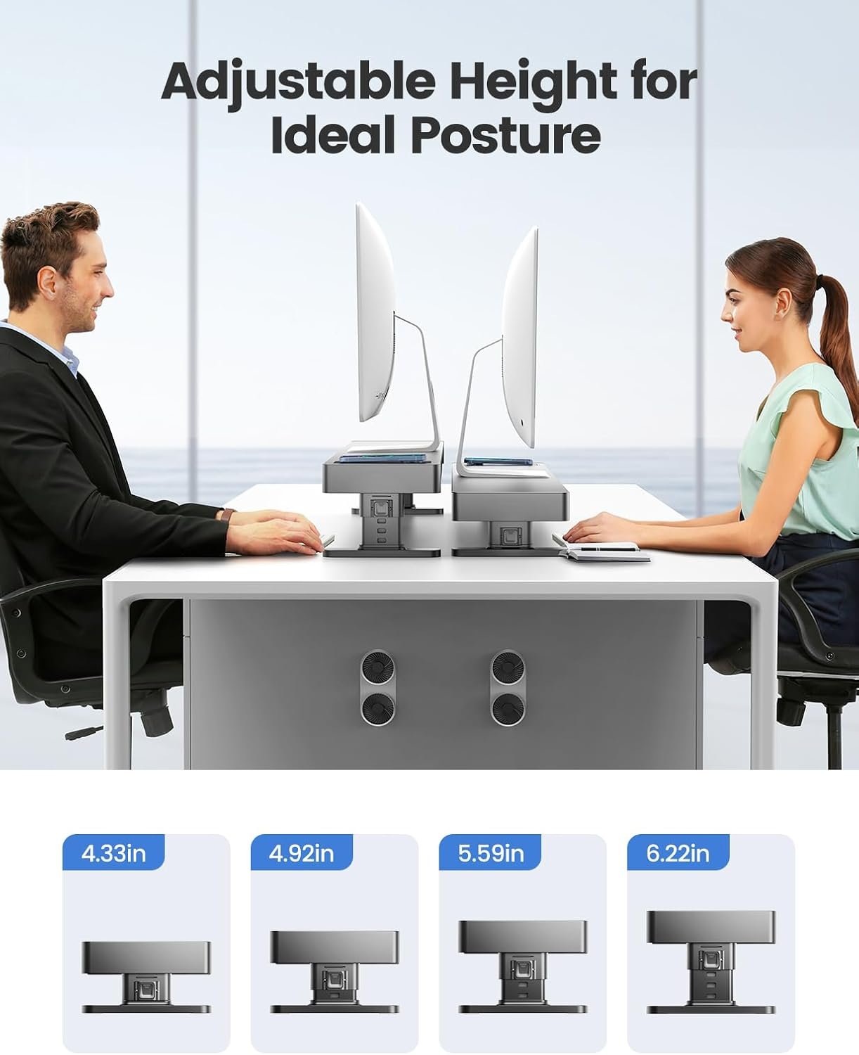 meatanty Dual Monitor Stand with 4 Adjustable Heights, Auto Phone Charging Pad, 4 USB Ports, Computer Riser with Drawers Storage, Metal Double Desk Organizer Lifter Raiser for 2 Monitors Screen