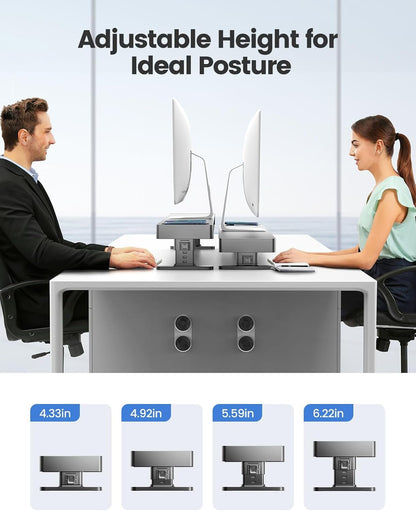 meatanty Dual Monitor Stand with 4 Adjustable Heights, Auto Phone Charging Pad, 4 USB Ports, Computer Riser with Drawers Storage, Metal Double Desk Organizer Lifter Raiser for 2 Monitors Screen