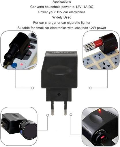 AC to DC 12V Wall Socket Power Adapter Converter with Cigarette Lighter Socket and LED Charge Indicator for Small Car Electronics (EU Plug)