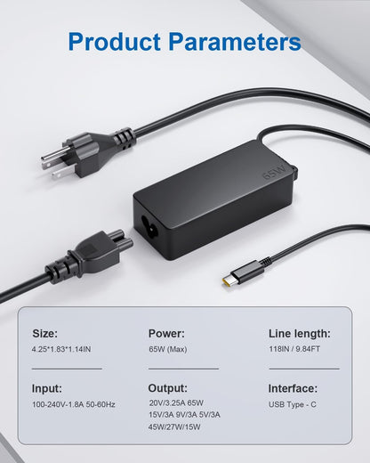 65W USB C Laptop Charger for Lenovo Thinkpad X1 Carbon T470 T480 T490 T590 E580 E590 E595 Yoga IdeaPad Chromebook Power Supply Adapter Cord 20V 3.25A
