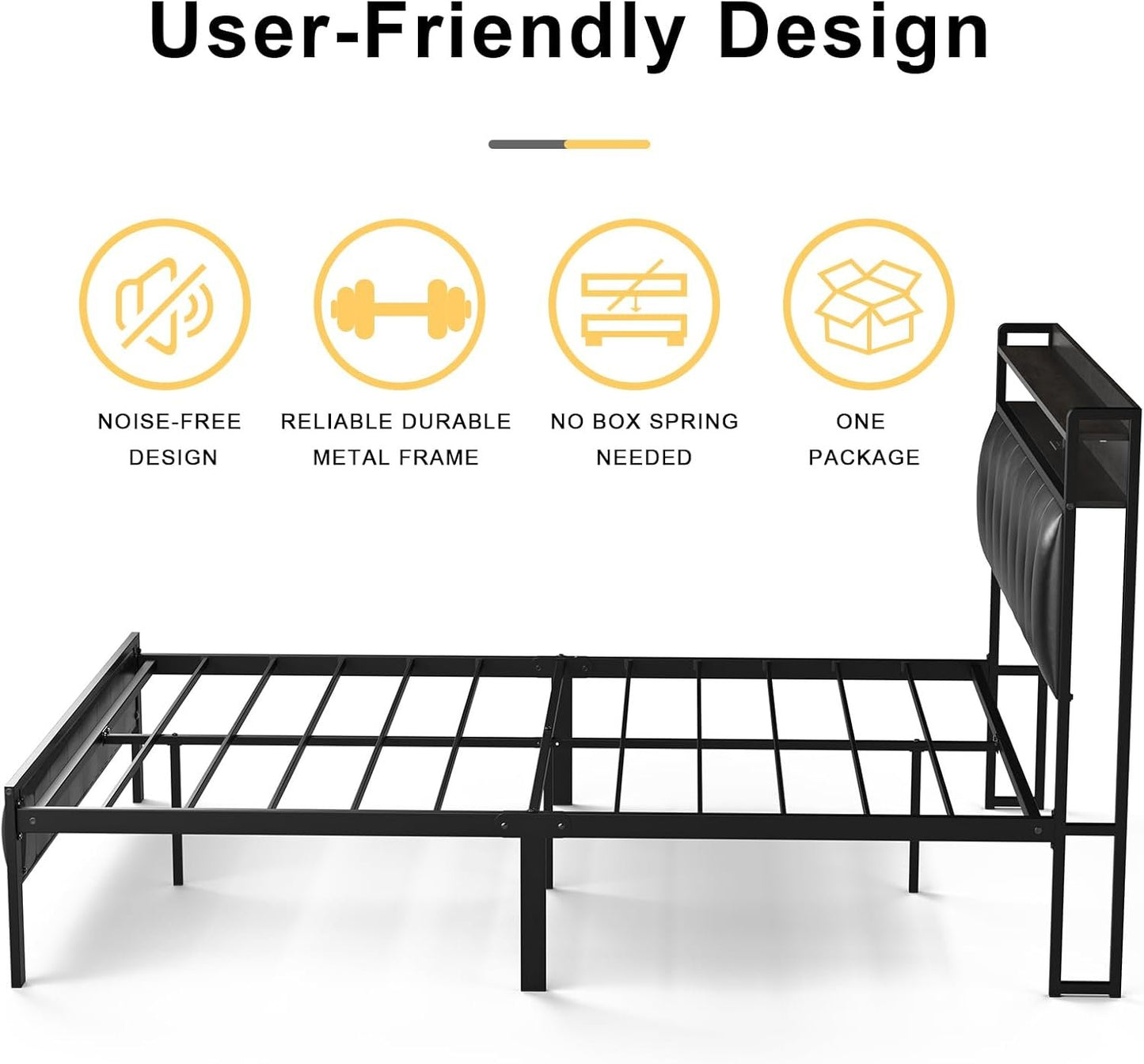 HAUSOURCE Queen Bed Frame with Storage Headboard LED Lights Charging Station Leather Upholstered Platform Bed Frame Queen Size with Non-Slip Without Noise No Box Spring Needed Black
