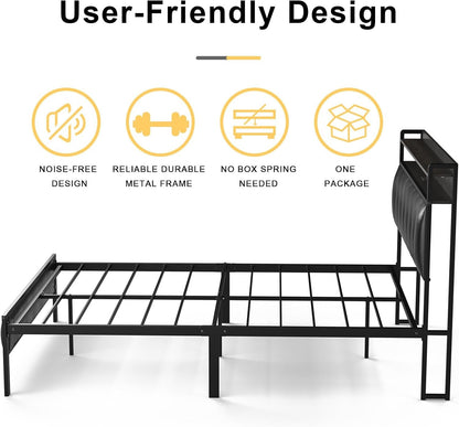 HAUSOURCE Queen Bed Frame with Storage Headboard LED Lights Charging Station Leather Upholstered Platform Bed Frame Queen Size with Non-Slip Without Noise No Box Spring Needed Black
