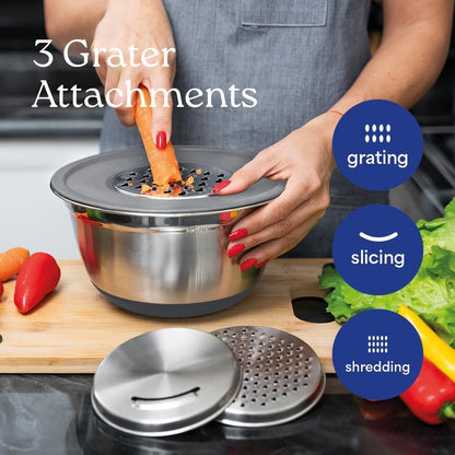 WHYSKOÂ® Stainless Steel Mixing Bowls With Lids Plus Stainless Steel Whisk, Potato Masher and Grater Lids, 5 Nesting Mixing Bowls And Kitchen Tools for Meal Prep, Cooking, Baking, Serving, Food Storage
