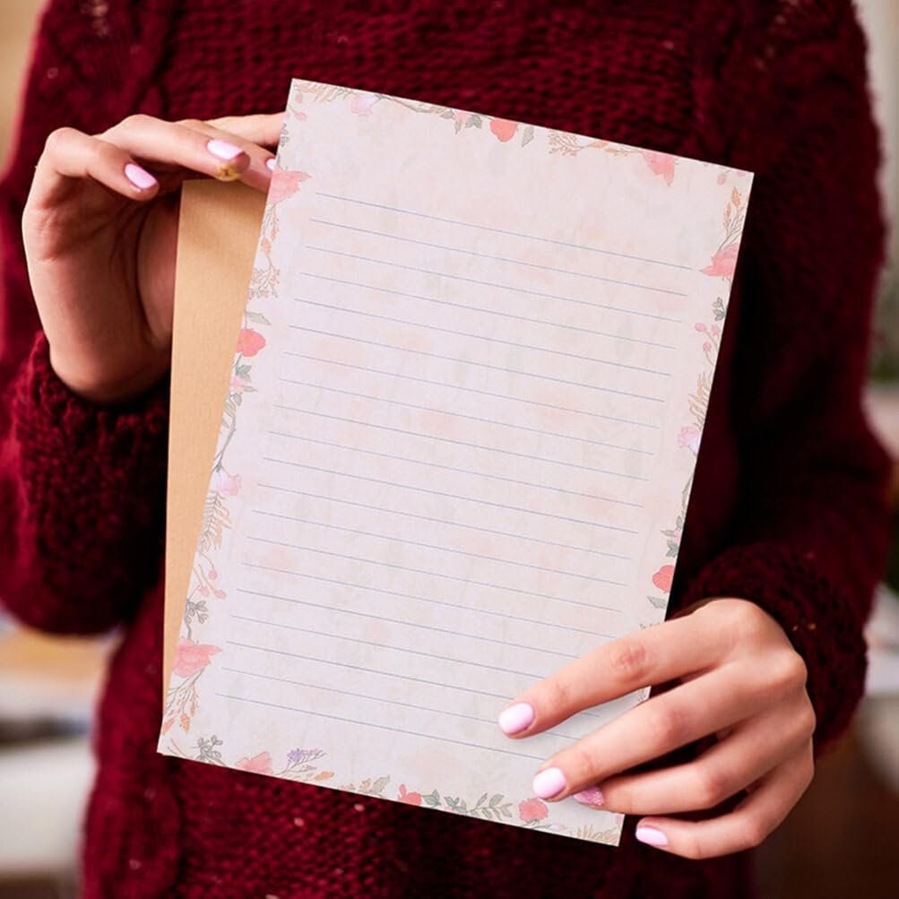 NUOBESTY A5 Stationary Paper and Envelopes Set, 24PCS Floral Stationery Writing Paper 12PCS Matching Envelopes Lined Printing Paper for Home Office School