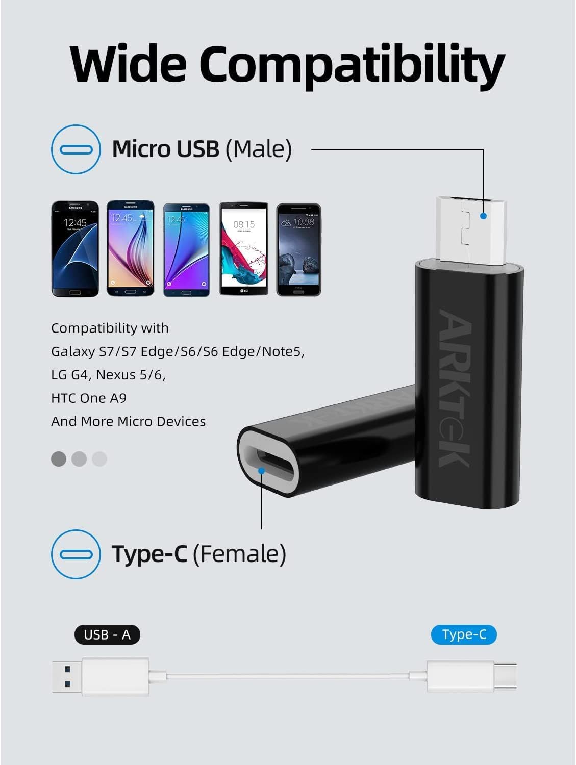 ARKTEK USB C to Micro Adapter, Micro USB (Male) to USB C (Female) Data Transfer and Charge Adapter for Samsung Galaxy S7 / S7 Edge and Others, Pack of 2