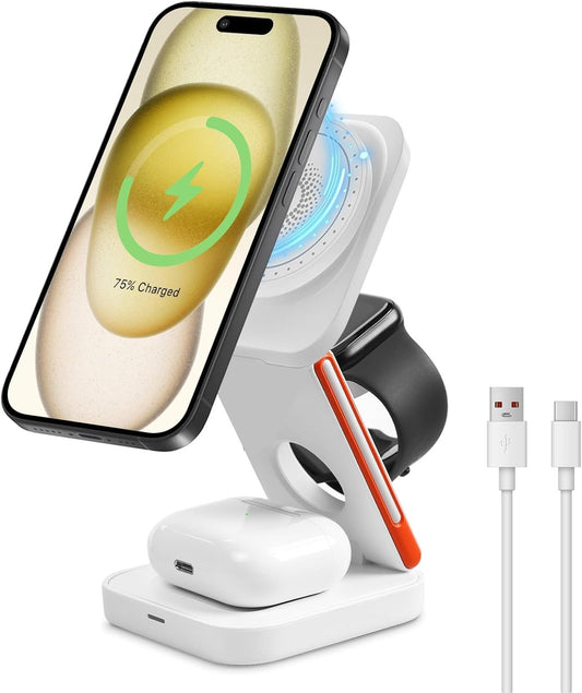 EFAITHFIX 3 in 1 Wireless Charging Station Foldable Fast Wireless Charger Magnetic Charging Stand for iPhone 15 14 13 12 Pro Max for Apple Watch 9 8 7 6 5 4 3 2 SE for AirPods 3 2 Pro (White)