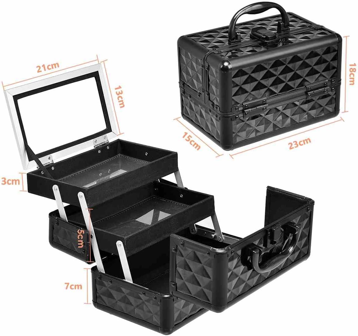 Cosmetic Beauty Case, Portable Lockable Makeup Jewelry Organizer, Travel Makeup Storage Box w/Mirror, Diamond Rose Gold, for Home Travel Gift (Black)
