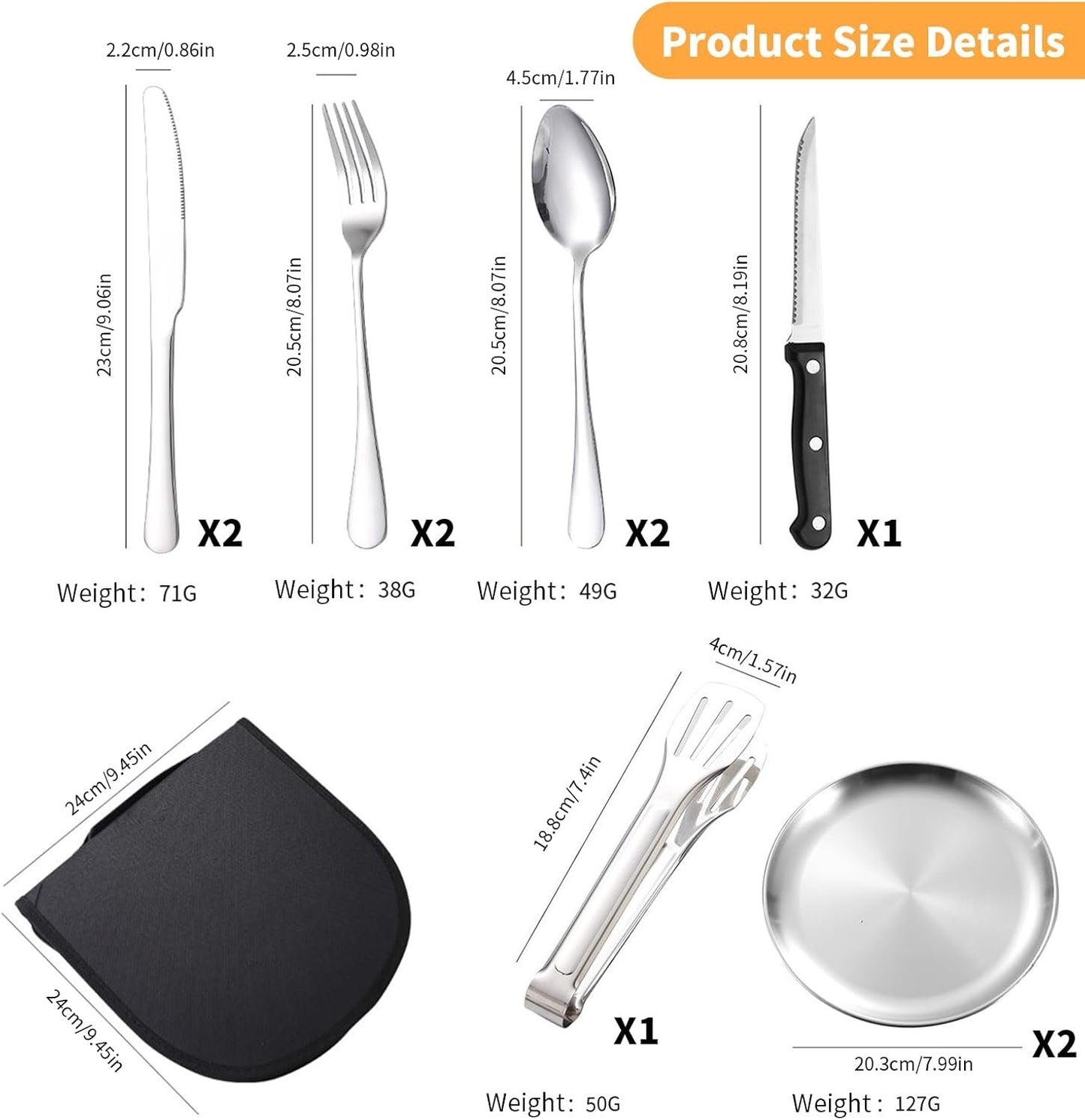 10-Pieces Outdoor Cutlery Set for Picnic, Portable Double Tableware Kit, Stainless Steel Silverware Set with Organizer Bag, Spoon Clip Serrated Knife Fork Plate Utensil Set for Travel Camping (Silver)