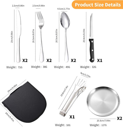 10-Pieces Outdoor Cutlery Set for Picnic, Portable Double Tableware Kit, Stainless Steel Silverware Set with Organizer Bag, Spoon Clip Serrated Knife Fork Plate Utensil Set for Travel Camping (Silver)