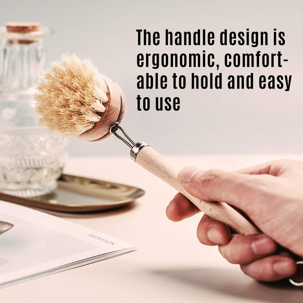 Wooden Dish Brush & Pot Cleaning Brush Premium Long-Handled Dish Brushes Kitchen Brushes with 2 PCS Replacement Heads