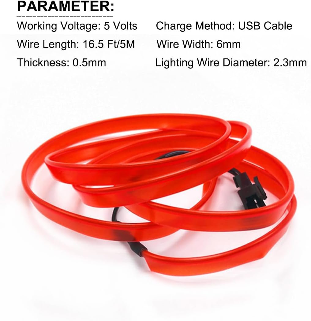 EL Wire Interior Car LED Strip Lights, LEDCARE USB Neon Glowing Strobing Electroluminescent Wire Lights with 6mm Sewing Edge, Ambient Lighting Kits for Car, Garden, Decorations (5M/15FT, Red)