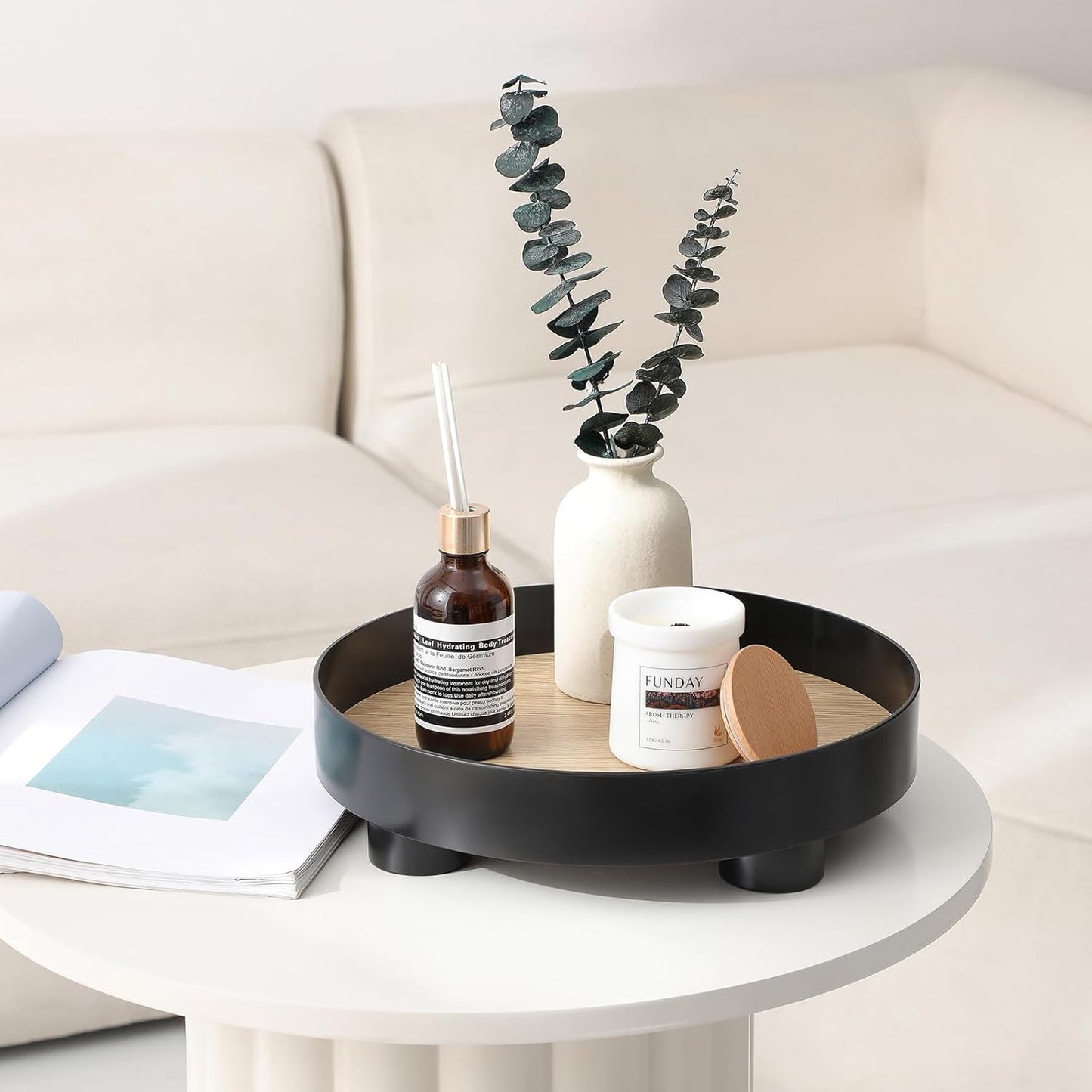 Decorative Tray Coffee Table Tray Round Trays for Home Decor Bathroom Counter Tray Perfume Organizer for Dining Table, Dresser, Kitchen,12 Inch, Black