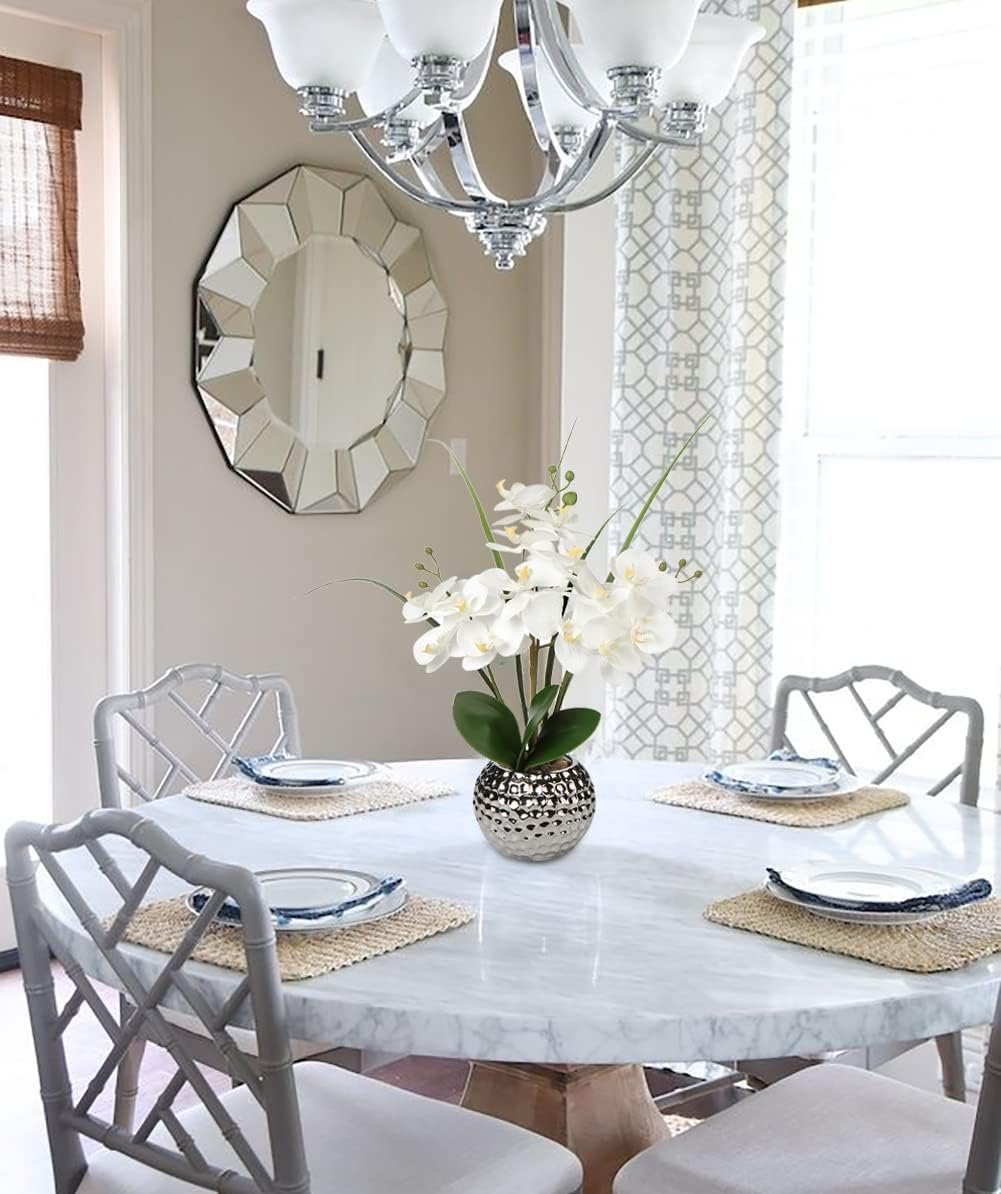 Artificial Orchids Flowers 20'' White Fake Flowers Arrangement Faux Orchid Plant with Silver Vase Phalaenopsis Orchid for Home Party Bathroom Table Living Room Office Kitchen Desk Decor