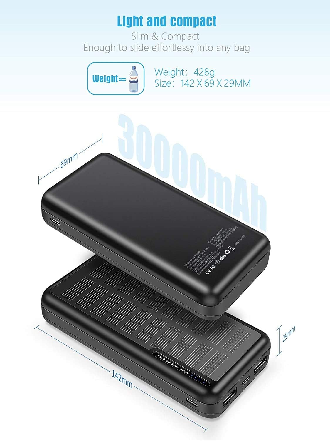 ZHAM 30000mAh Solar Power Bank, Portable Charger Solar Charger Power Bank with 2 USB Outputs, External Battery Pack for Outdoor Activities Compatible with iPhone 14/13/12, Sumsung Galaxy S23/S22 etc