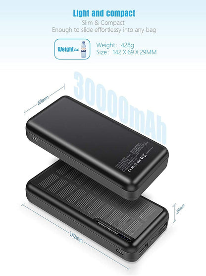 ZHAM 30000mAh Solar Power Bank, Portable Charger Solar Charger Power Bank with 2 USB Outputs, External Battery Pack for Outdoor Activities Compatible with iPhone 14/13/12, Sumsung Galaxy S23/S22 etc