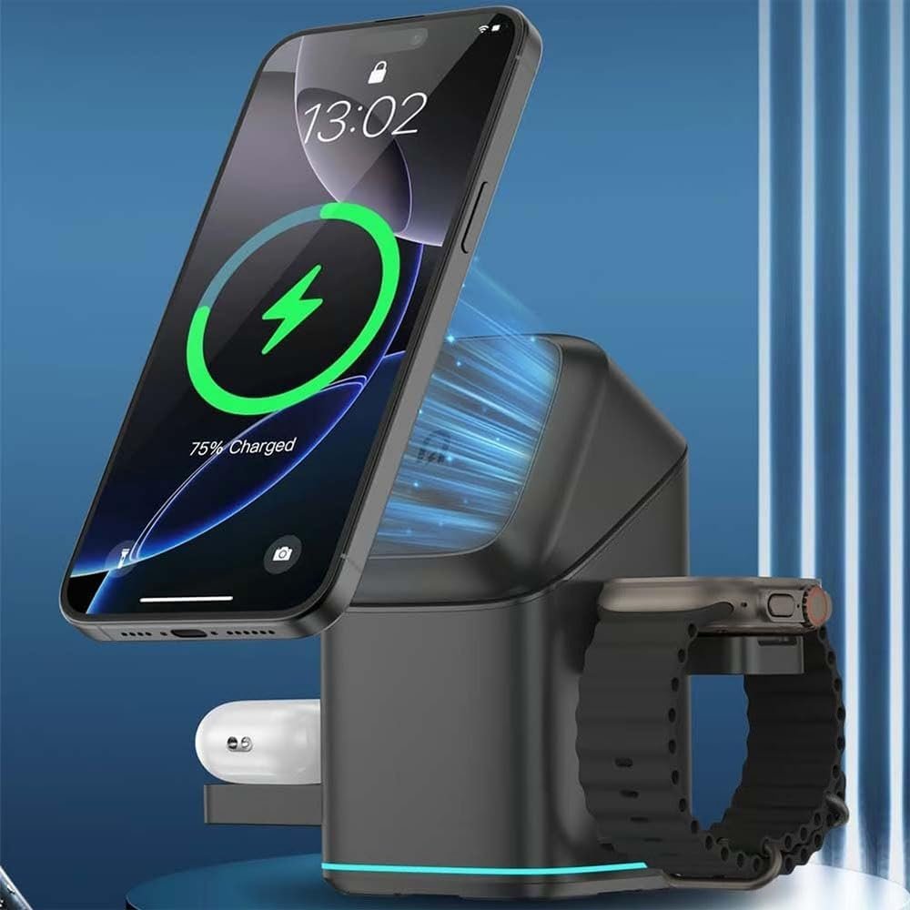 Subsistenceed 3-in-1 Wireless Charger-Wireless Multi-Device Charging Touch Pop-up Charging, 3 in 1 Wireless Charger Stand, 15W Auto Rotation Magnetic Stand for iPhone, Watch(White)