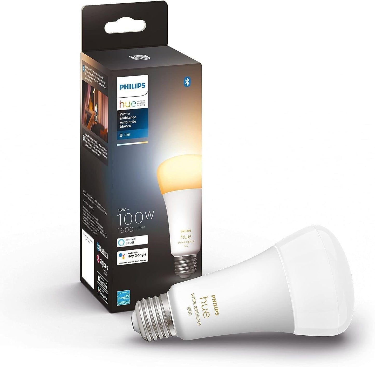 Philips Hue White Ambiance 16W Equivalent 100W A21 Base E26 LED Smart Bulb, Warm-to-Cool White Light, Bluetooth & Zigbee Compatible, Voice Activated with Alexa & Google Assistant