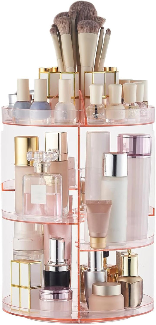 SUNFICON Rotating Makeup Holder Organizer Crystal Pink 360 Rotation Cosmetic Storage Stand Acrylic Makeup Turntable Spin Display Stand Bathroom Vanity Dressing Table Gift Girl Ladt Women