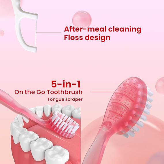 20Pack Mini Disposable Toothbrushes Set 5-in-1 Portable Pre-Pasted Travel Toothbrush with Toothpaste + Tongue Scraper + Floss + Pick Individually Wrapped Small Prepasted Toothbrush for Kids Adults