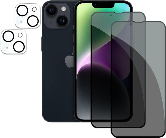 [2+2 Pack] Privacy Screen Protector for Apple iPhone 14, Anti-Spy Shatterproof Tempered Glass with Camera Lens Tempered Glass 9H Hardness Bubble Free Anti-Glare Case Friendly