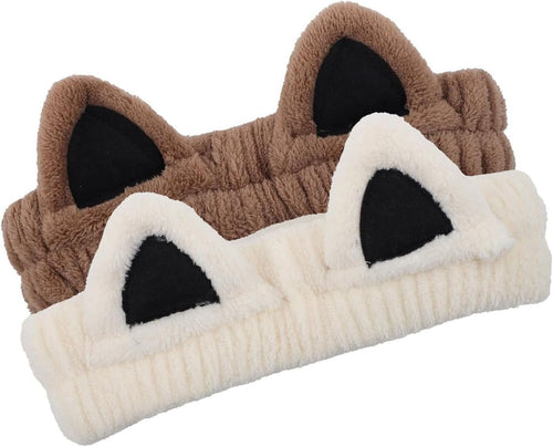 PalqwinduX 2Pcs Cat Ears Spa Headbands for Washing Face Makeup Skincare, Soft Coral Fleece Facial Wash Hair Accessories, Cute Animal Elastic Headband, Fuzzy Cartoon Hair Bands, Hairs Holder for Women