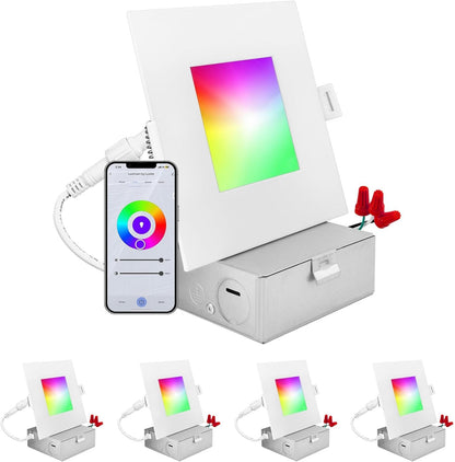 LUXRITE 4 Inch Square Smart LED Recessed Lighting, RGBW Color Changing, WiFi App Control, Voice Control with Alexa and Google Home, No Hub Required, 10.5W 700LM, CRI 90, IC Rated, Wet Rated (4 Pack)