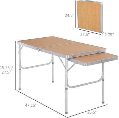 Outsunny 4ft Picnic Table with Slide Shelf Outdoor Portable Aluminum Folding Table 2 Adjustable Height Light-Weight Camping BBQ Party Dining Table w/Carrying Handle