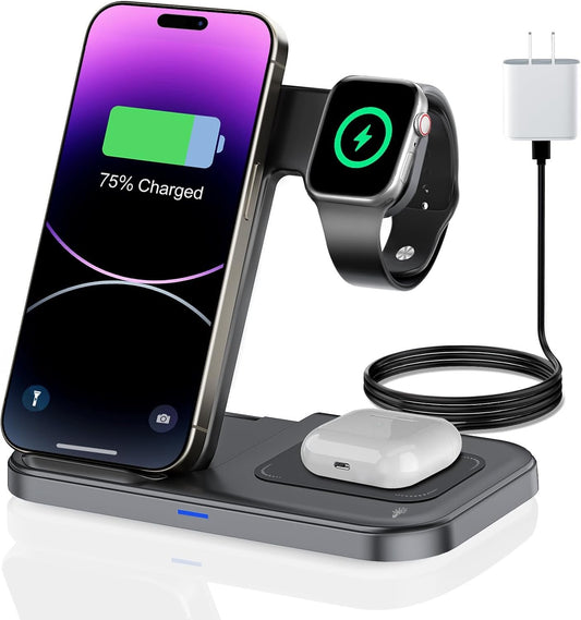 3 in 1 Charging Station, Wireless Charging,15W Fast Charging Station Foldable Charging Stand, Wireless Charging Station for Multiple Devices, Compatible with iPhone 16/15/14/13 Pro Max Airpods Watch