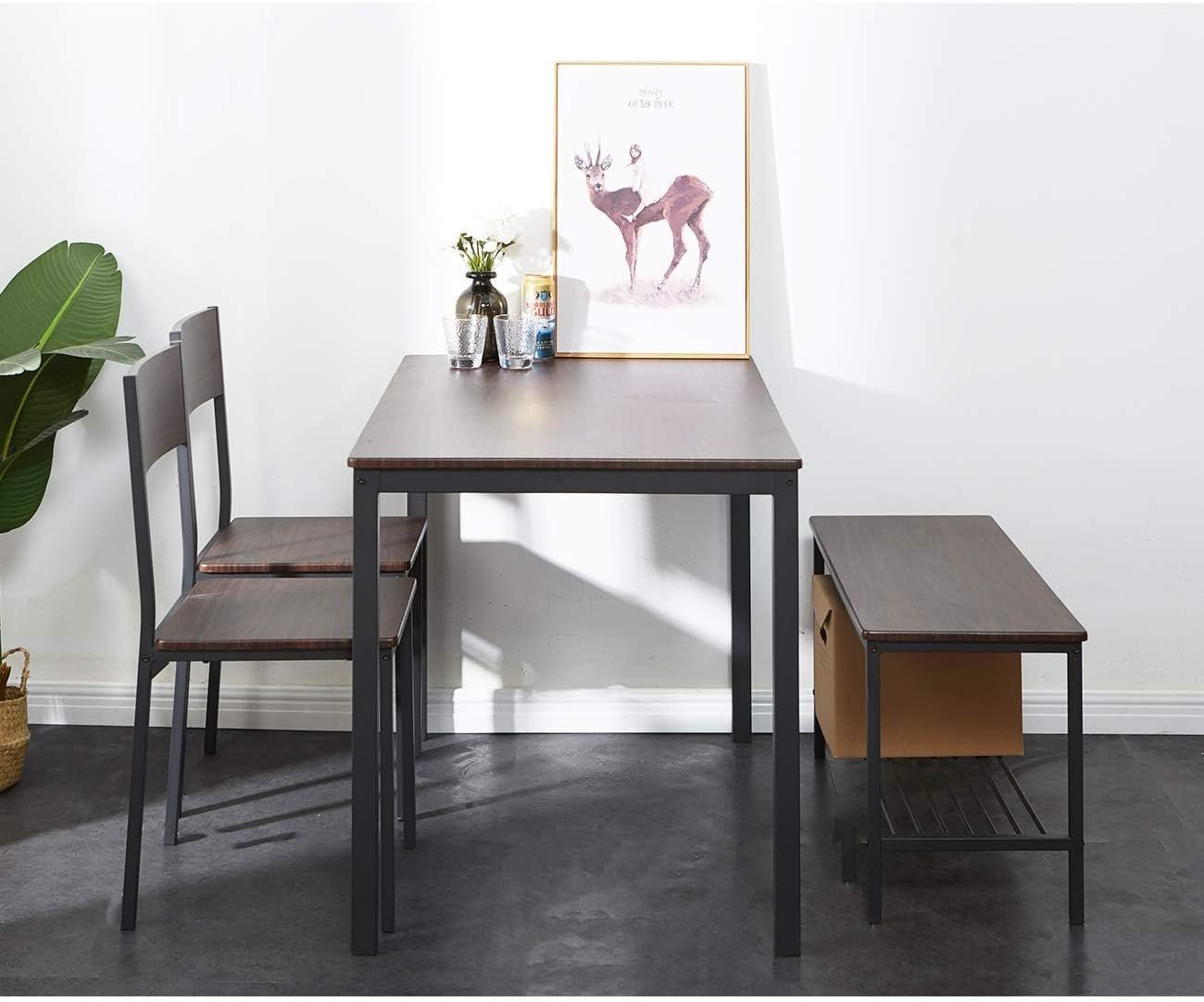 SDHYL Dining Table Set for 4 with Two Chairs and One Bench 4 Pieces Set Wooden Table Top with Metal Legs for Breakfast in Living Room, Kitchen Room, Dining Room,Space Saving Kitchen Table Set